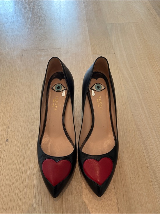 Gucci Shoes - Gucci Black Leather Pointed Pumps with Red Heart Accent